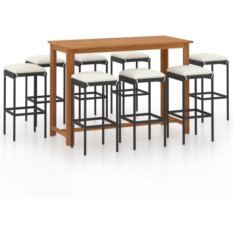 

Conjunto de bar para jardín 9 piezas con cojines negro