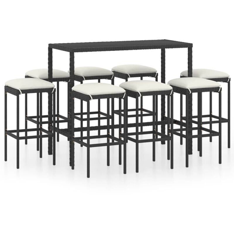 

Conjunto de bar para jardín 9 piezas con cojines ratán PE negro
