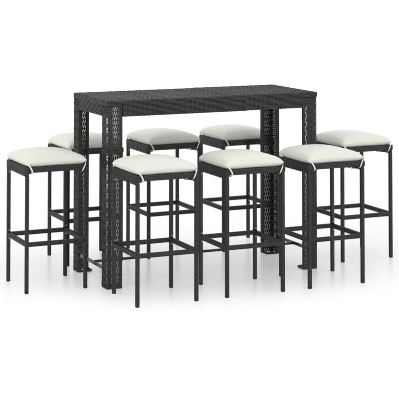 

Conjunto de bar para jardín 9 piezas con cojines ratán PE negro - Negro