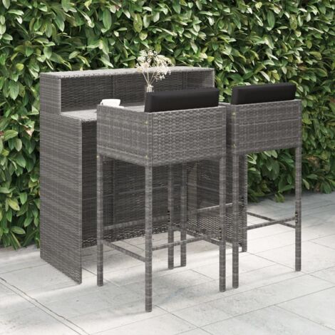 Conjunto de bares de 3 pcs con jardín con almohadillas de mimbre gris