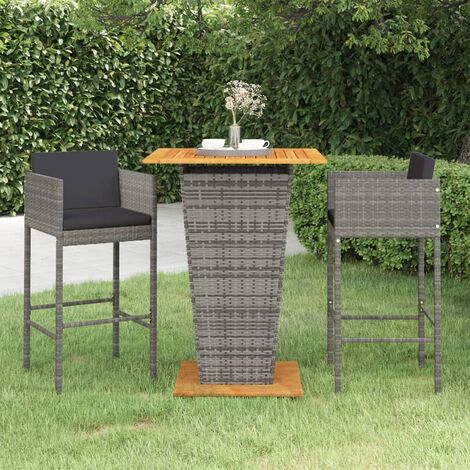 Conjunto de bares de 3 pcs con jardín con almohadillas de mimbre gris