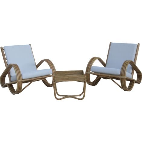 Conjunto de Butacas Sillones en Ratán Natural y Mesa de Centro para Jardín Terraza Chillvert Parma 68x83x68 cm con Cojines Blancos