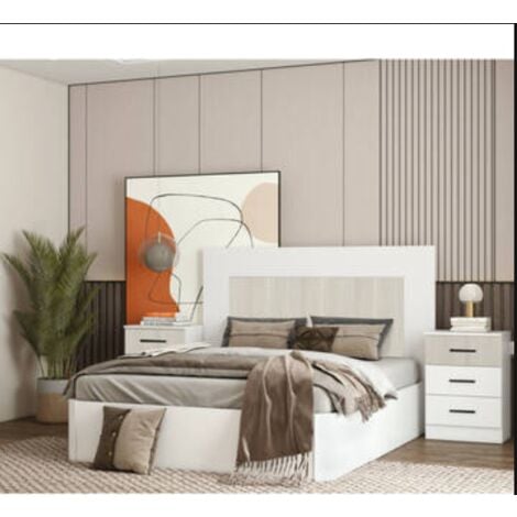 IMPT-HOME-DESIGN Conjunto de cabecero y 2 mesitas Baena en blanco y gris rayado. Se sirve ya montado.