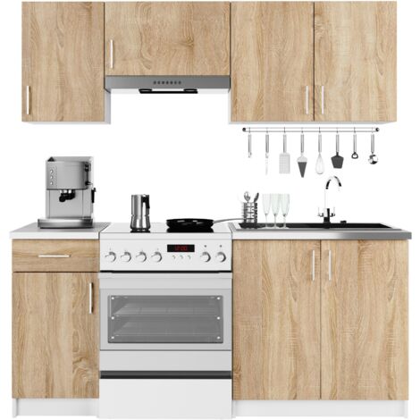 Conjunto de cocina AKORD LIMA 18m Blanco 180 cm 7 puertas 1 cajón frente en color Roble Sonoma 8 estantes 180x44,5x203 cm