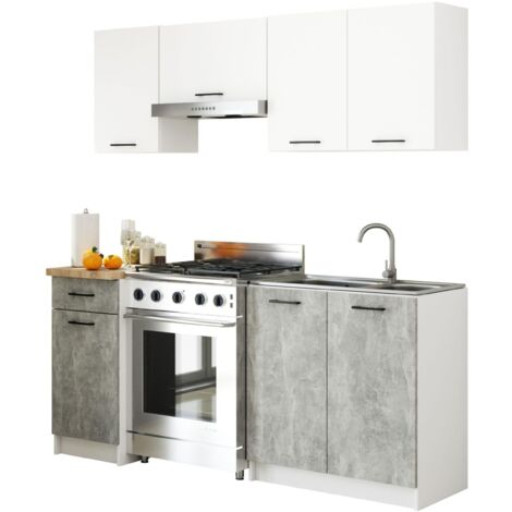 Conjunto de cocina AKORD OLIWIA 18m Blanco 180 cm 7 puertas 1 cajón frente en color Gris Hormigón 8 estantes 180x46x203 cm