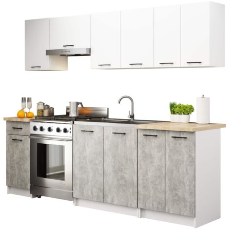 Conjunto de cocina AKORD OLIWIA 24m Blanco 240 cm 11 puertas 1 cajón frente en color Gris Hormigón 12 estantes 240x46x203 cm