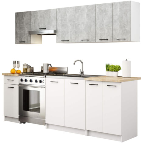 Conjunto de cocina AKORD OLIWIA 24m Gris Hormigón 240 cm 11 puertas 1 cajón frente en color Blanco 12 estantes 240x46x203 cm