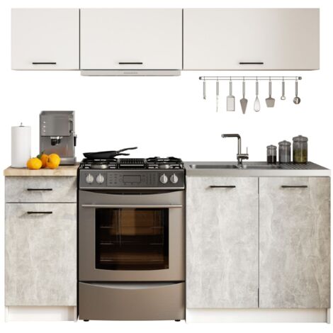 Conjunto de cocina AKORD OLIWIA G1 18m Blanco 180 cm 6 puertas 1 cajón frente en color Gris Hormigón 6 estantes 180x46x174 cm