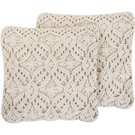 Conjunto de cojines decorativos de algodón beige macramé 45 x 45 cm cuerda boho retro Esenkoy