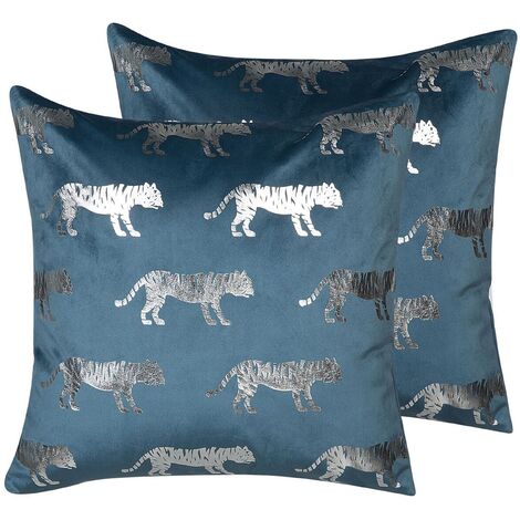 Conjunto de cojines decorativos de terciopelo azul estampado animal lámina 45 x 45 cm motivo de tigre decoración glamour Bluebell