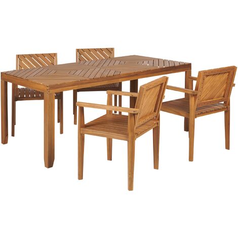 Conjunto de comedor 4 plazas de madera de acacia clara mesa sillas reposabrazos Baratti