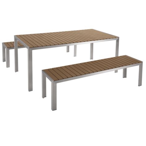 Conjunto de comedor 6 plazas de metal plateado madera clara cepillado 2 bancos Nardo