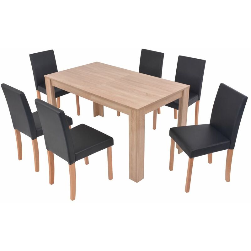 

Happyshopping - Conjunto de comedor 7 piezas de roble y cuero artificial negro