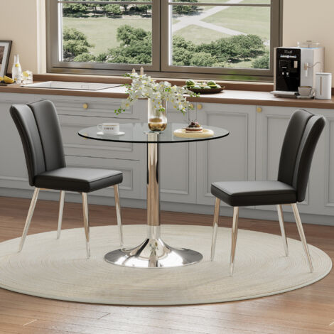 Conjunto de comedor con mesa redonda de cristal y 2 sillas de PU negro, plata, 85x76 cm