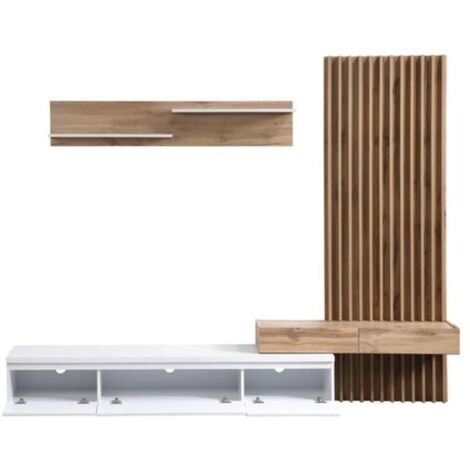 Conjunto De Comedor Con Mesa Tv Y Panelado Blanco Y Roble