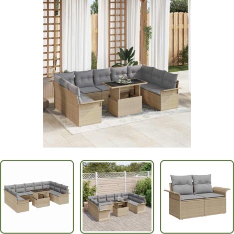 Conjunto de comedor -  Conjunto de sofá de jardín con cojín 10 pcs Beige Poliratán