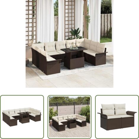 Conjunto de comedor -  Conjunto de sofá de jardín con cojín 10 pcs Marrón Poliratán