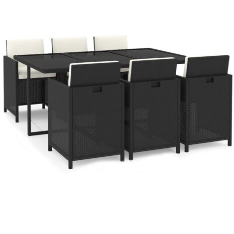 Conjunto de comedor de 7 piezas de resina tejida negra con muebles de jardín y cojines 020014913