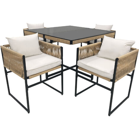 Conjunto de comedor de jardín 5 piezas: mesa con tablero de vidrio templado de 5 mm y 4 sillas apilables de cuerda fina y estructura de hierro