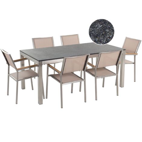 Conjunto de comedor de jardín beige con mesa 180 x 90 cm de granito flameado 6 sillas de ratán Grosseto