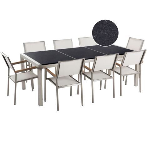 Conjunto de comedor de jardín blanco con mesa 220 x 100 cm de granito negro 8 sillas Grosseto
