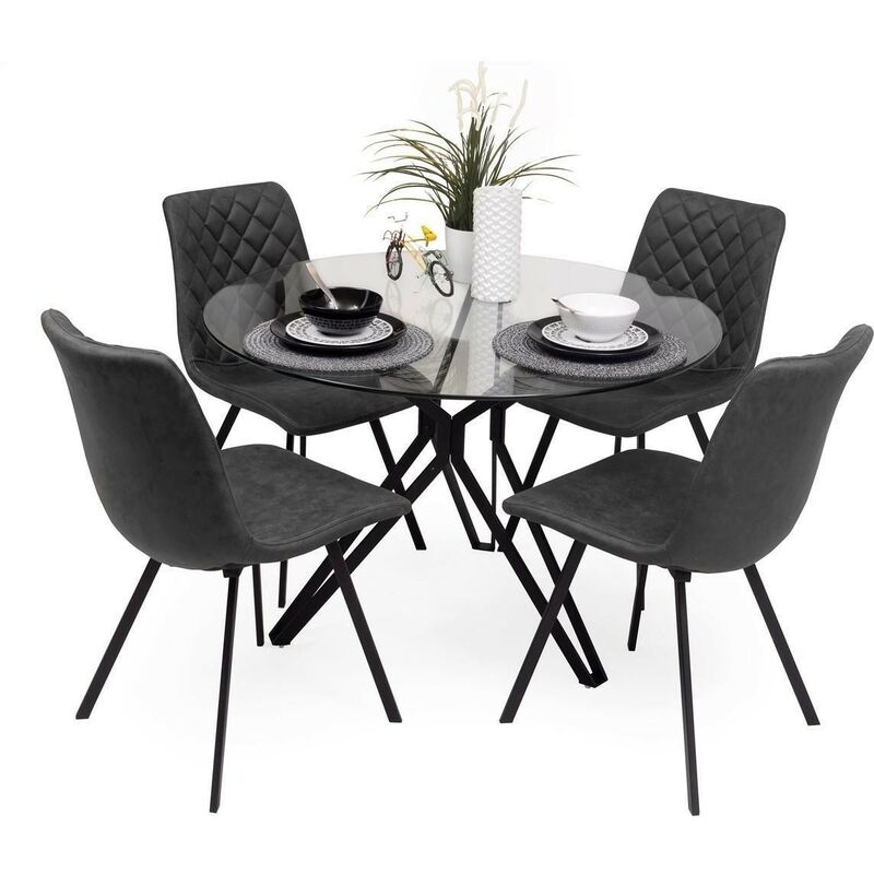 

Conjunto de comedor ERICA mesa de 110 cm y estructura de metal negro y sillas tapizadas en tela y patas metálicas en negro