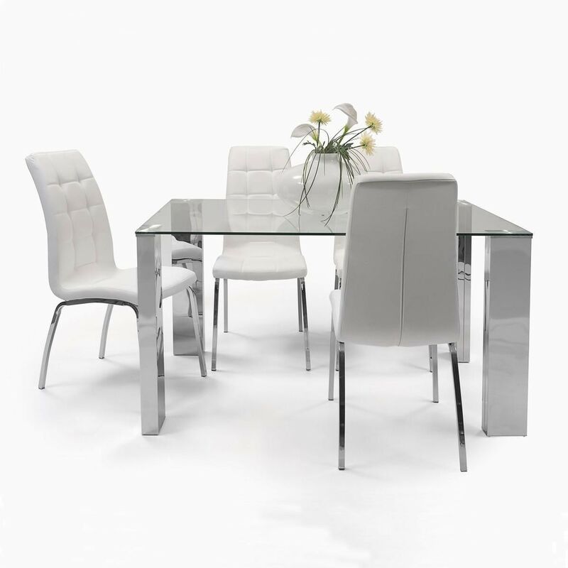 

Conjunto de comedor KARINA II mesa de 140x90 cm de cristal y 4 sillas de polipiel y patas de acero cromado | BLANCO - BLANCO