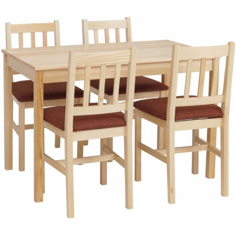 Conjunto de comedor mesa y 4 sillas estilo casa de campo madera maciza de pino acabado natural con asientos de terracota 040009061