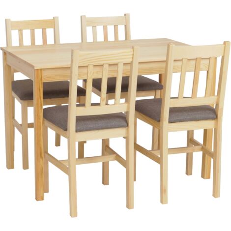 Conjunto de comedor mesa y 4 sillas estilo rústico madera maciza de pino acabado natural con asientos grises 040009063