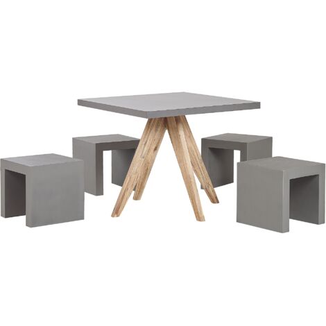 Conjunto de comedor para jardín de cemento reforzado gris con patas de madera de acacia para 4 personas mesa cuadrada con 4 taburetes Olbia/Taranto