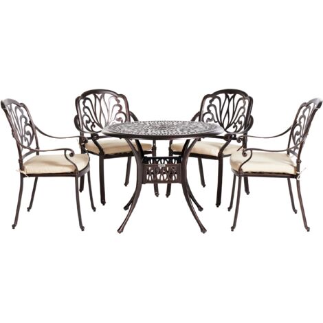 Conjunto de comedor para jardín mesa exterior de aluminio marrón 4 sillas con cojines de asiento de poliéster Ancona