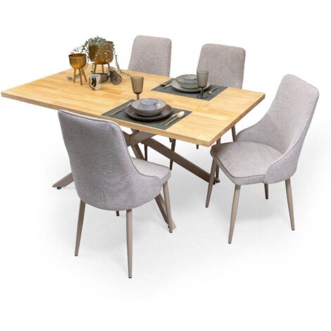 Conjunto de Comedor TAMI QUEEN con Mesa Fija de Madera Maciza y 4 Sillas Tapizadas en Tela Gris