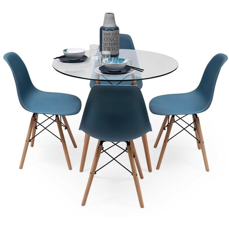 

Conjunto de comedor TOWER 100 CRISTAL. Mesa de cristal redonda de 100 cm y 4 sillas MAX TOWER | AZUL HORIZONTE 90383 - AZUL HORIZONTE 90383