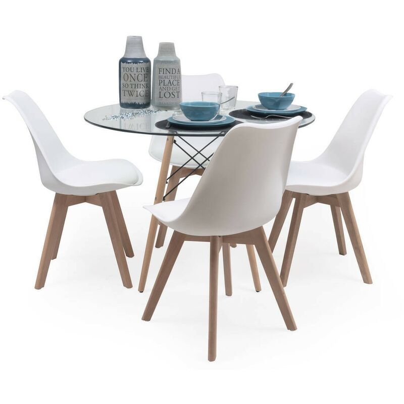 

Conjunto de comedor TOWER DAY CRISTAL mesa de cristal redonda de 100 cm y 4 sillas DAY | BLANCO - BLANCO