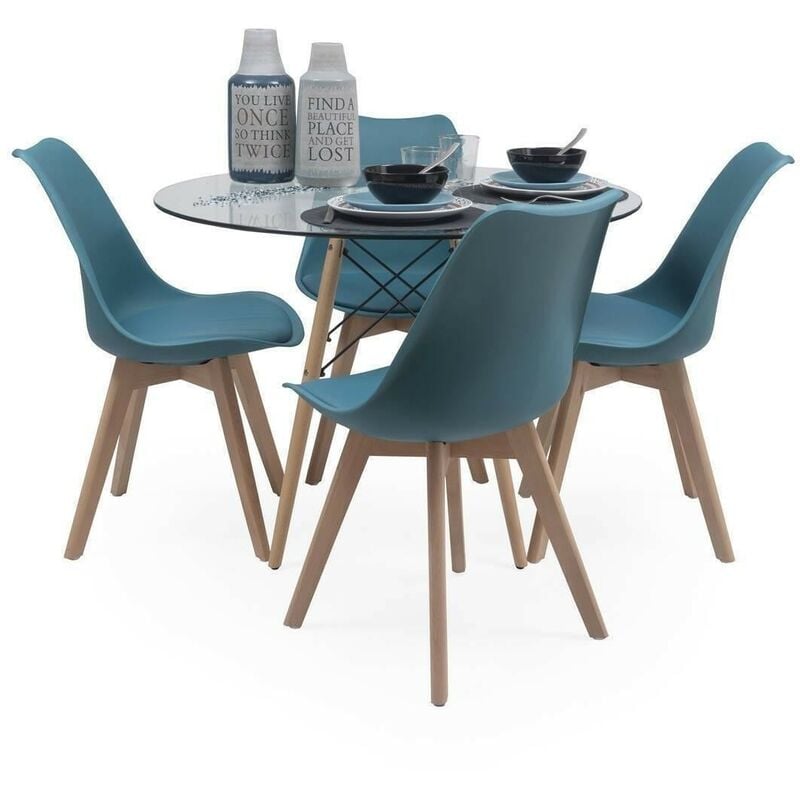 

Conjunto de comedor TOWER DAY CRISTAL mesa de cristal redonda de 100 cm y 4 sillas DAY | TURQUESA 90094 - TURQUESA 90094