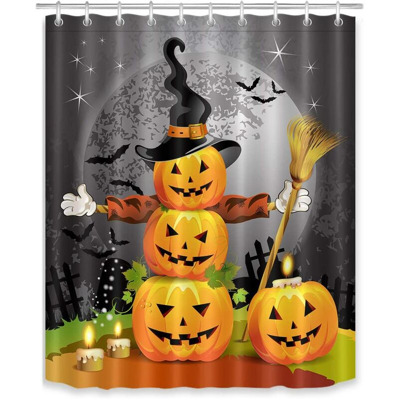 

Conjunto de cortina de ducha de calabazas de halloween sombrero mágico escoba fantasma cortina de baño decoración de fiesta, tela de poliéster