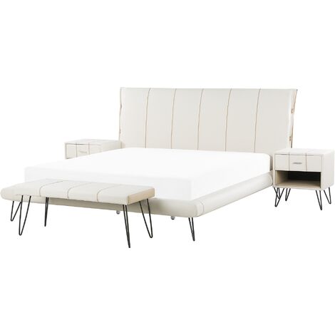 Conjunto de dormitorio beige tapizado en piel sintética beige cama 180 x 200 cm dos mesitas de noche un banco moderno Betin - Blanco