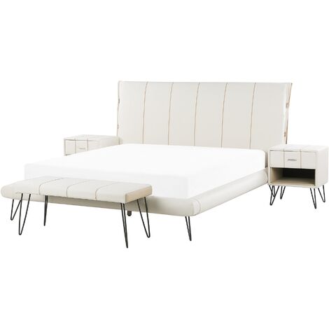 Conjunto de dormitorio beige tapizado en piel sintética blanca cama 160 x 200 cm dos mesitas de noche un banco moderno Betin - Blanco
