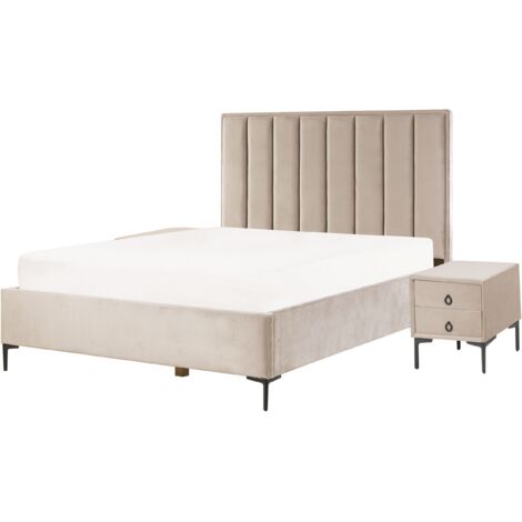 Conjunto de dormitorio moderno cama 160 x 200 cm dos mesitas de noche tapizado terciopelo gris pardo Sezanne