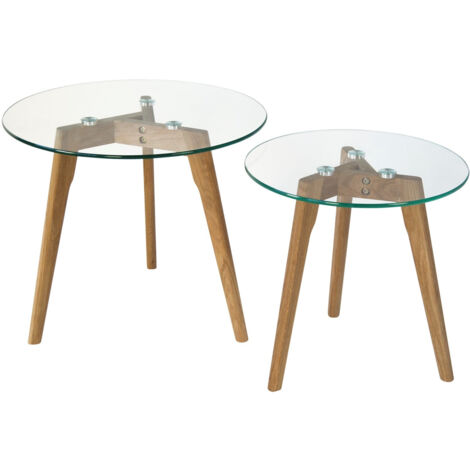 Conjunto de dos mesas de centro con tapa de cristal y base de madera TABA06006