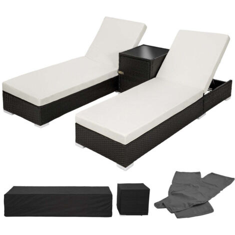 Conjunto de dos tumbonas en resina polirratán tejido negro + mesa + dos juegos de fundas + funda protectora 080000505