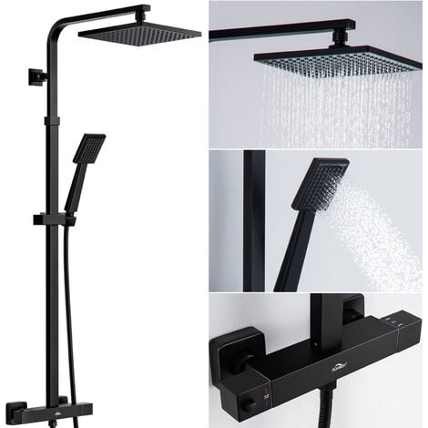 Conjunto de ducha Termostática 38ºC Negro 2 Funciones Columna de Ducha con 9 pulgadas Rociador Ducha y Ducha de Mano Sistema de ducha antiquemaduras con Altura Ajustable 1100-1370mm