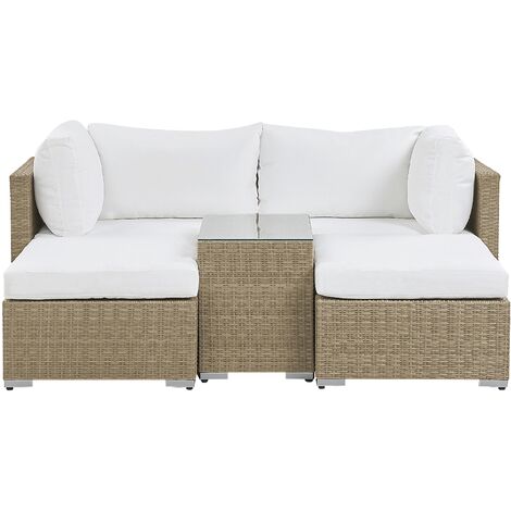 Conjunto de exterior 2 plazas de ratán marrón blanco sintético mesa cojines Noto