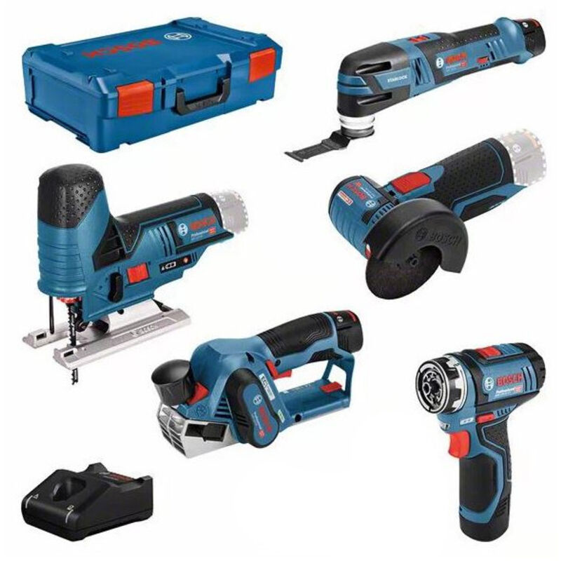 Paquete de 5 máquinas 12V (GSR12+GST70+GWS26+GOP12+GHO20) + 2 baterías GBA 2Ah + 1 batería GBA 3Ah + cargador + caja de transporte XL BOX B