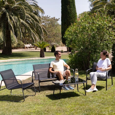 Conjunto de jardín 4 plazas CAPRI NIGHT, mesa de centro exterior + sofá 2 plazas + 2 sillones, color negro, resistente a los rayos UV