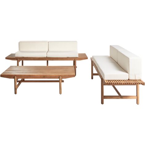 Conjunto de jardín 4 plazas de madera de acacia con cojines blanco crema Giaveno