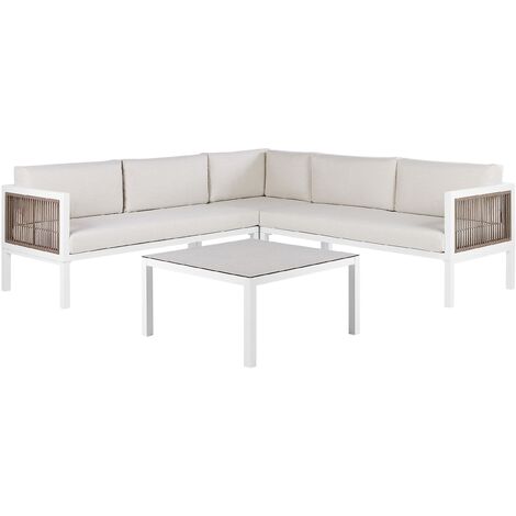 Conjunto de jardín 4 plazas derecho metal blanco marrón mesa cojines Borello - Blanco