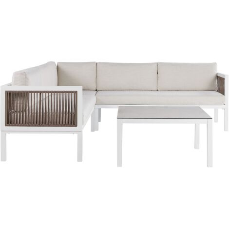 Conjunto de jardín 4 plazas izquierdo metal blanco marrón mesa cojines Borello