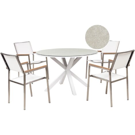 Conjunto de jardín 4 plazas muebles de exterior de aluminio acero inoxidable tablero de vidrio cerámico blanco Maletto/Grosseto