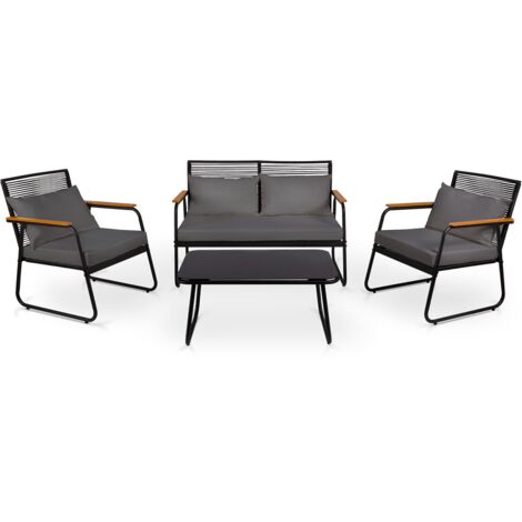 Conjunto de jardín 4 plazas OLBIA SET DARK GREY, mesa de centro exterior + sofá 2 plazas + 2 sillones, color gris, resistente a los rayos UV